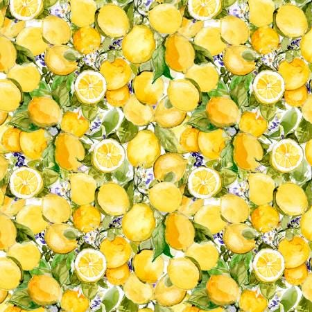 Summer Fabric Squares, Lavender Lemonade, yellow, purple, lemons, Wilmington Prints, 5 inches, 42 squares