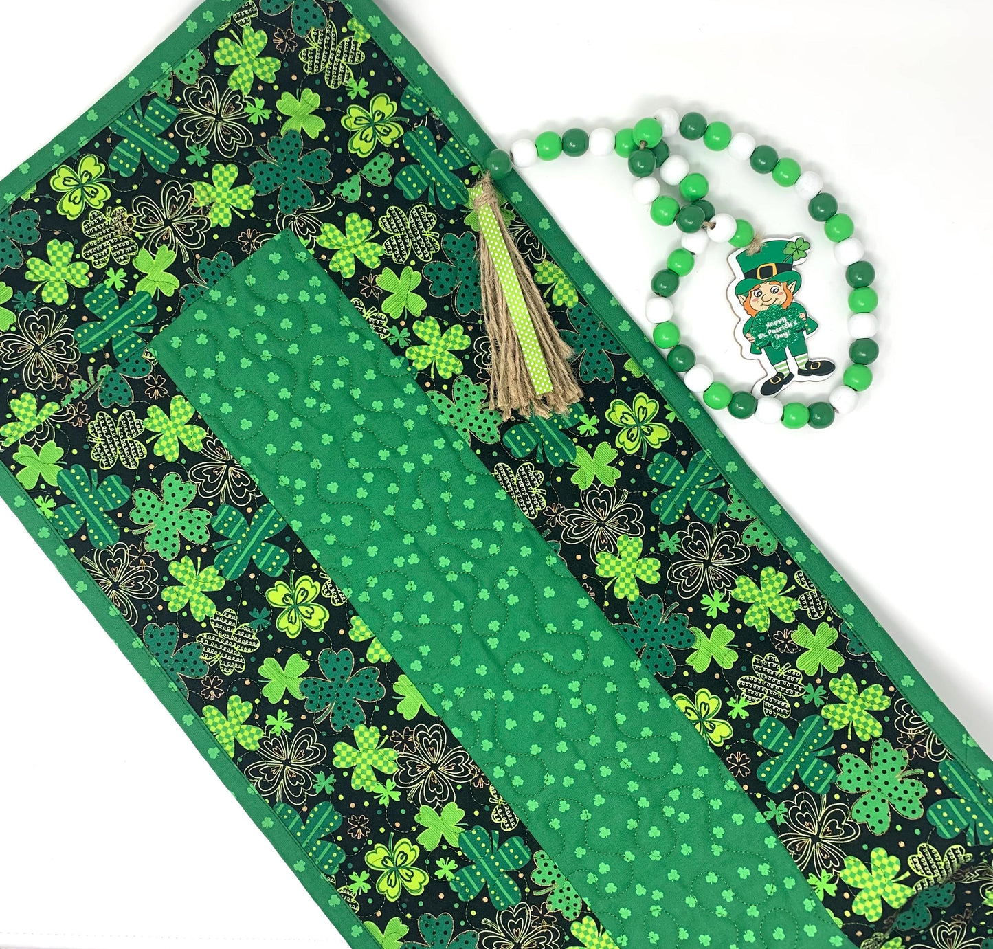 St. Patrick's Day Table Runner, Deep Green, Plaid, St. Paddy's Decoration, Table Runner Quilt, Clovers, Handmade Quilt