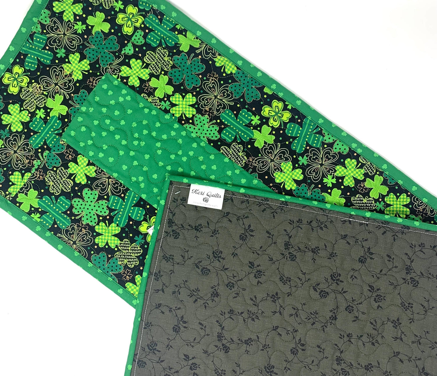 St. Patrick's Day Table Runner, Deep Green, Plaid, St. Paddy's Decoration, Table Runner Quilt, Clovers, Handmade Quilt