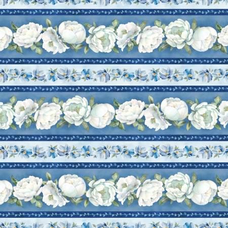 Blue and White Floral Yardage, Blue Harmony Multi Repeating Floral Stripe Yardage, Wilmington Prints