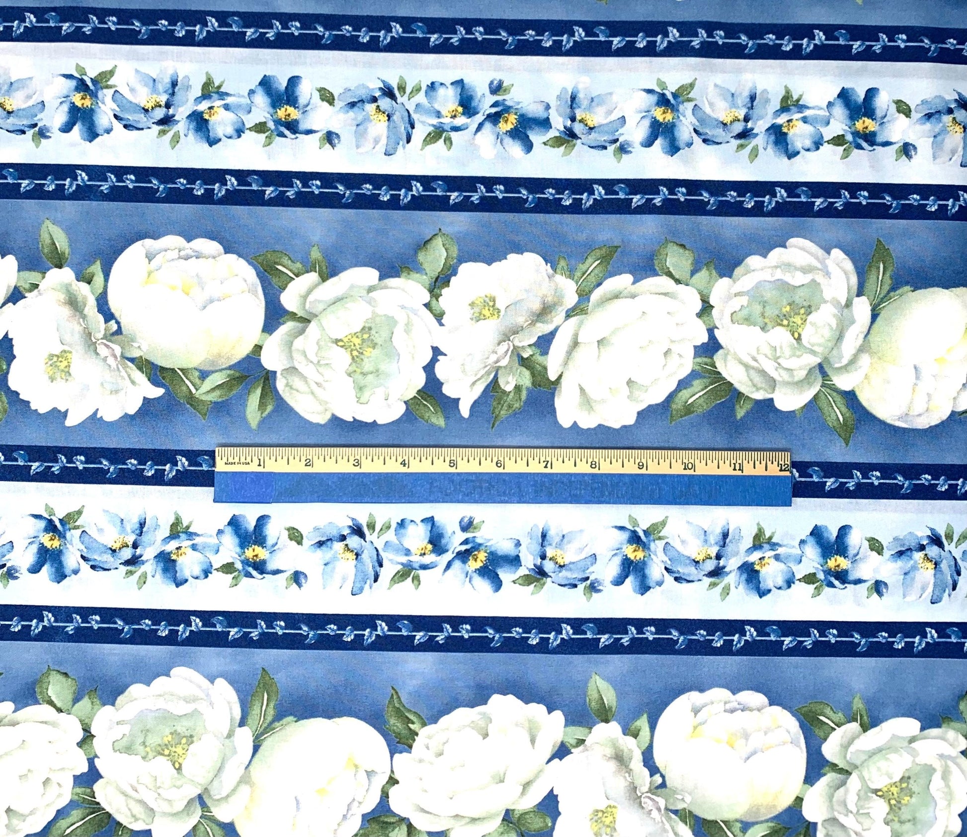 Blue and White Floral Yardage, Blue Harmony Multi Repeating Floral Stripe Yardage, Wilmington Prints