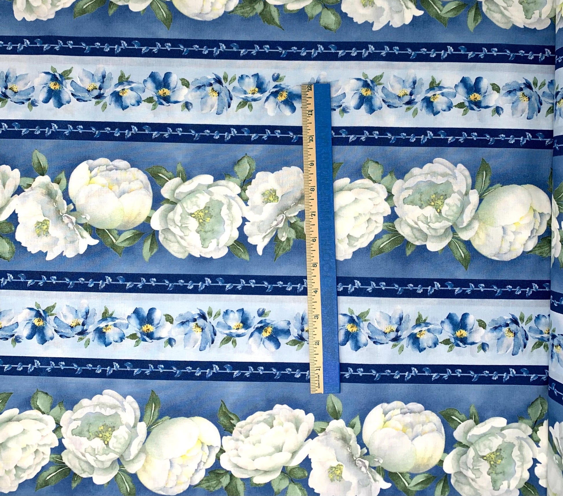 Blue and White Floral Yardage, Blue Harmony Multi Repeating Floral Stripe Yardage, Wilmington Prints