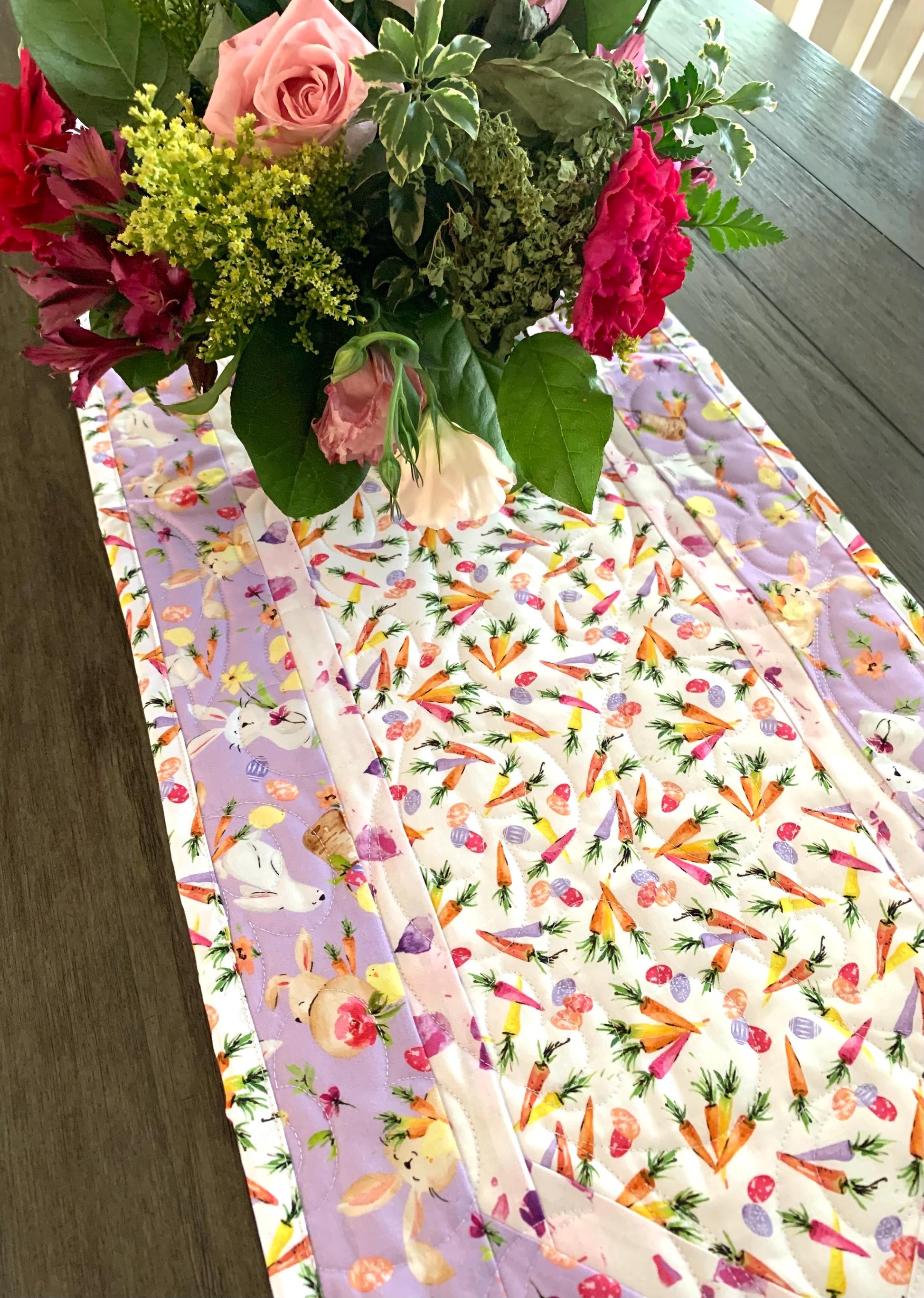 Easter Table Runner Quilt, Spring Quilt, Carrots, Bunnies, Purple, Yellow, Green, Handmade Quilt