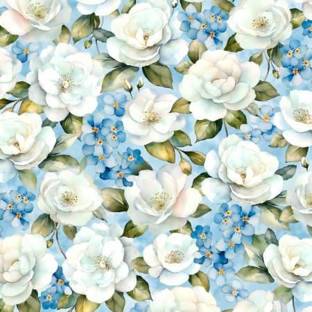 Blue and White Floral Yardage, Blue Harmony, Light Blue Large Floral All Over Yardage, Wilmington Prints