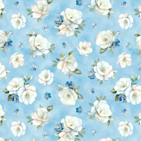 Blue and White Floral Yardage, Blue Harmony, Light Blue Floral Toss Yardage, Wilmington Prints