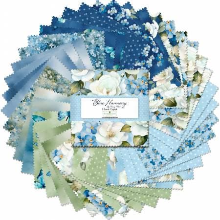 Blue White Green Floral Fabric Squares, Blue Harmony, Charm Pack, Wilmington Prints