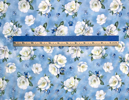 Blue and White Floral Yardage, Blue Harmony, Light Blue Floral Toss Yardage, Wilmington Prints