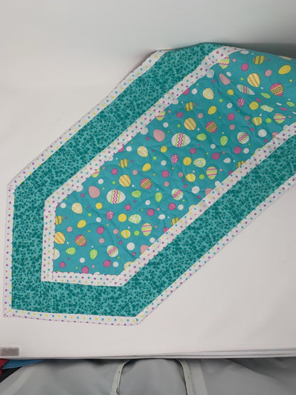 Easter Eggs Table Runner Quilt, Spring Quilt, Teal Blue, Yellow, Green, Handmade Quilt