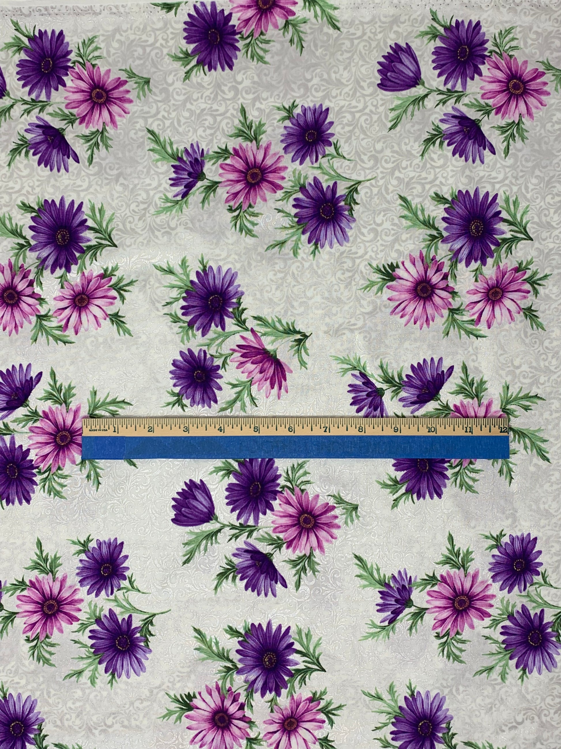 Miss Marguerite - Purple Lavender Flowers, Benartex, Cotton Fabric Yardage, Pearl Grey Multi Bouquet Pearlized