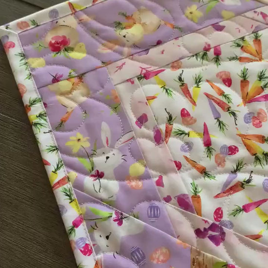 Easter Table Runner Quilt, Spring Quilt, Carrots, Bunnies, Purple, Yellow, Green, Handmade Quilt