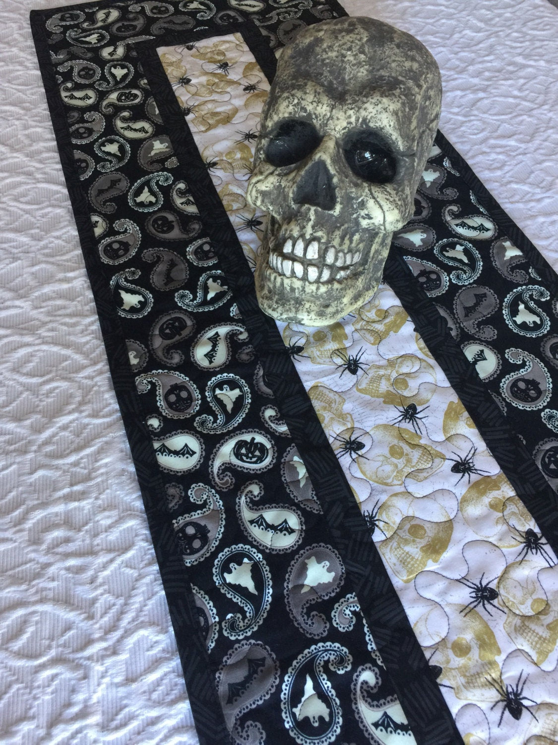 Halloween Table Runner Quilt, Spiders, Ghosts, Skulls Table Topper Quilt, Black, White, Glow in the Dark, Handmade