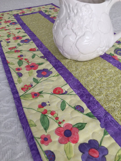 Table Runner Quilt, Spring Quilt, Green, Purple, Pink, Snail, Grasshopper, Lady Bug Table Topper Quilt, Handmade Quilt