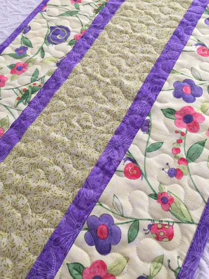 Table Runner Quilt, Spring Quilt, Green, Purple, Pink, Snail, Grasshopper, Lady Bug Table Topper Quilt, Handmade Quilt