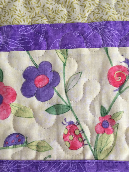 Table Runner Quilt, Spring Quilt, Green, Purple, Pink, Snail, Grasshopper, Lady Bug Table Topper Quilt, Handmade Quilt