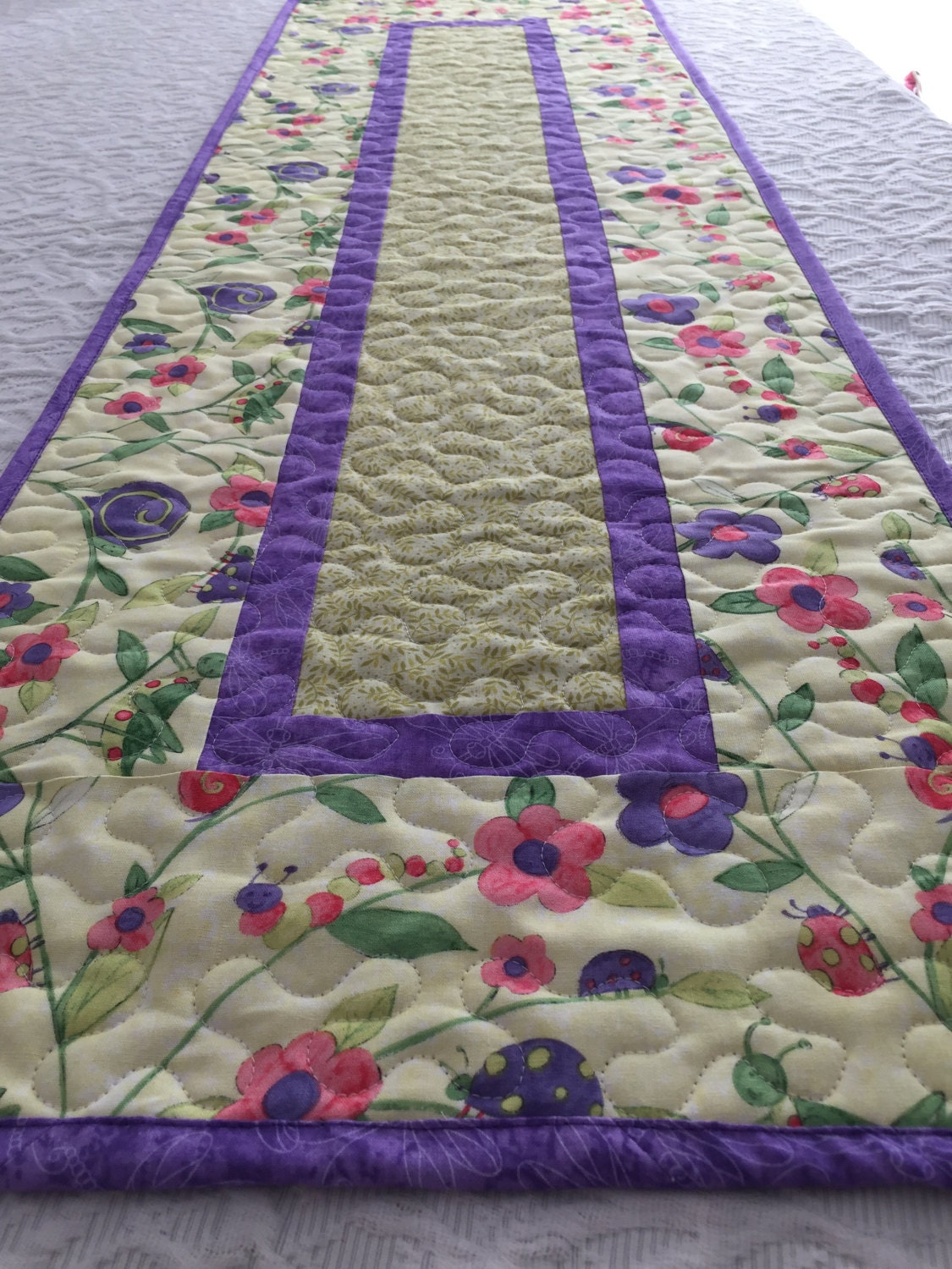 Table Runner Quilt, Spring Quilt, Green, Purple, Pink, Snail, Grasshopper, Lady Bug Table Topper Quilt, Handmade Quilt