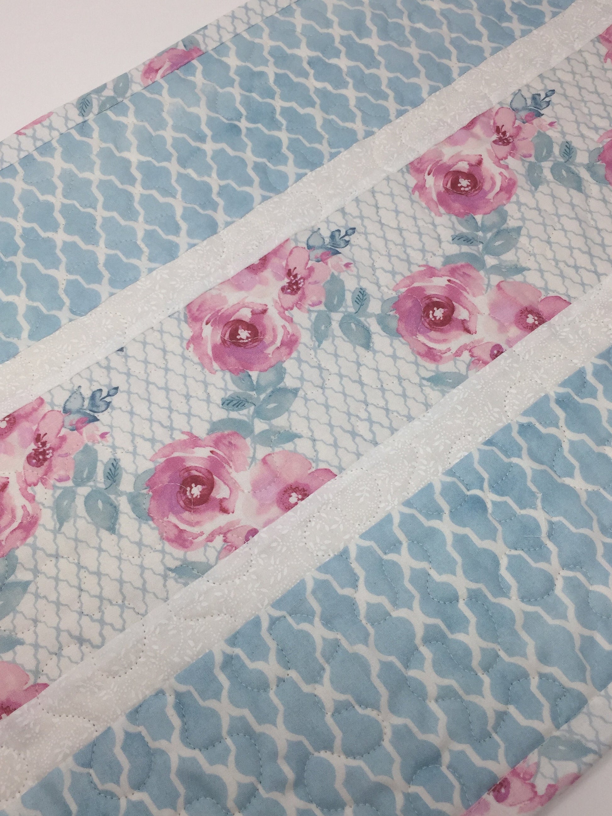 Table Runner Quilt, Shabby Chic, Blue, Trellis, Pink, Floral, White, Handmade Table Runner Quilt