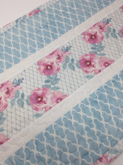 Table Runner Quilt, Shabby Chic, Blue, Trellis, Pink, Floral, White, Handmade Table Runner Quilt