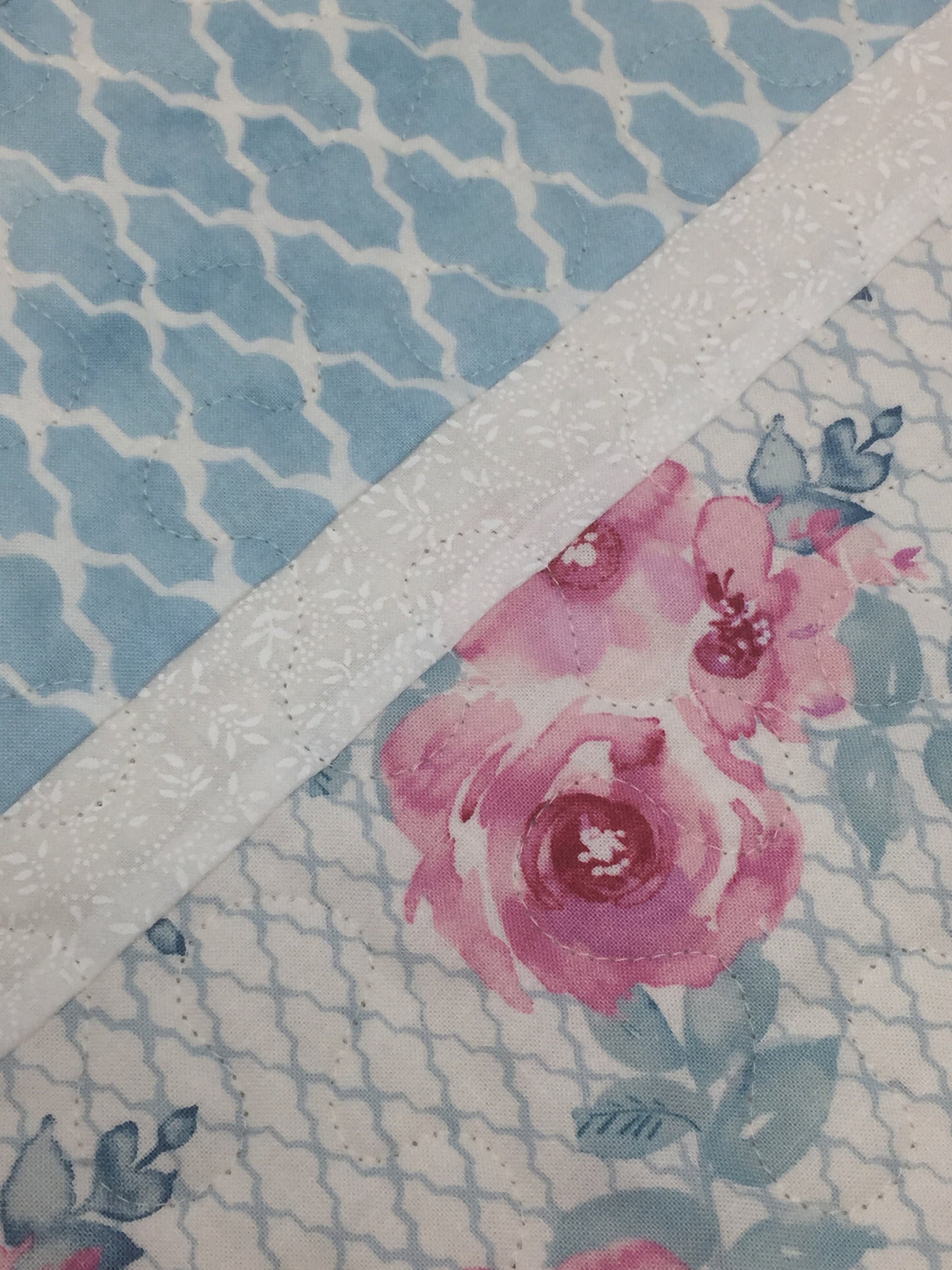 Table Runner Quilt, Shabby Chic, Blue, Trellis, Pink, Floral, White, Handmade Table Runner Quilt