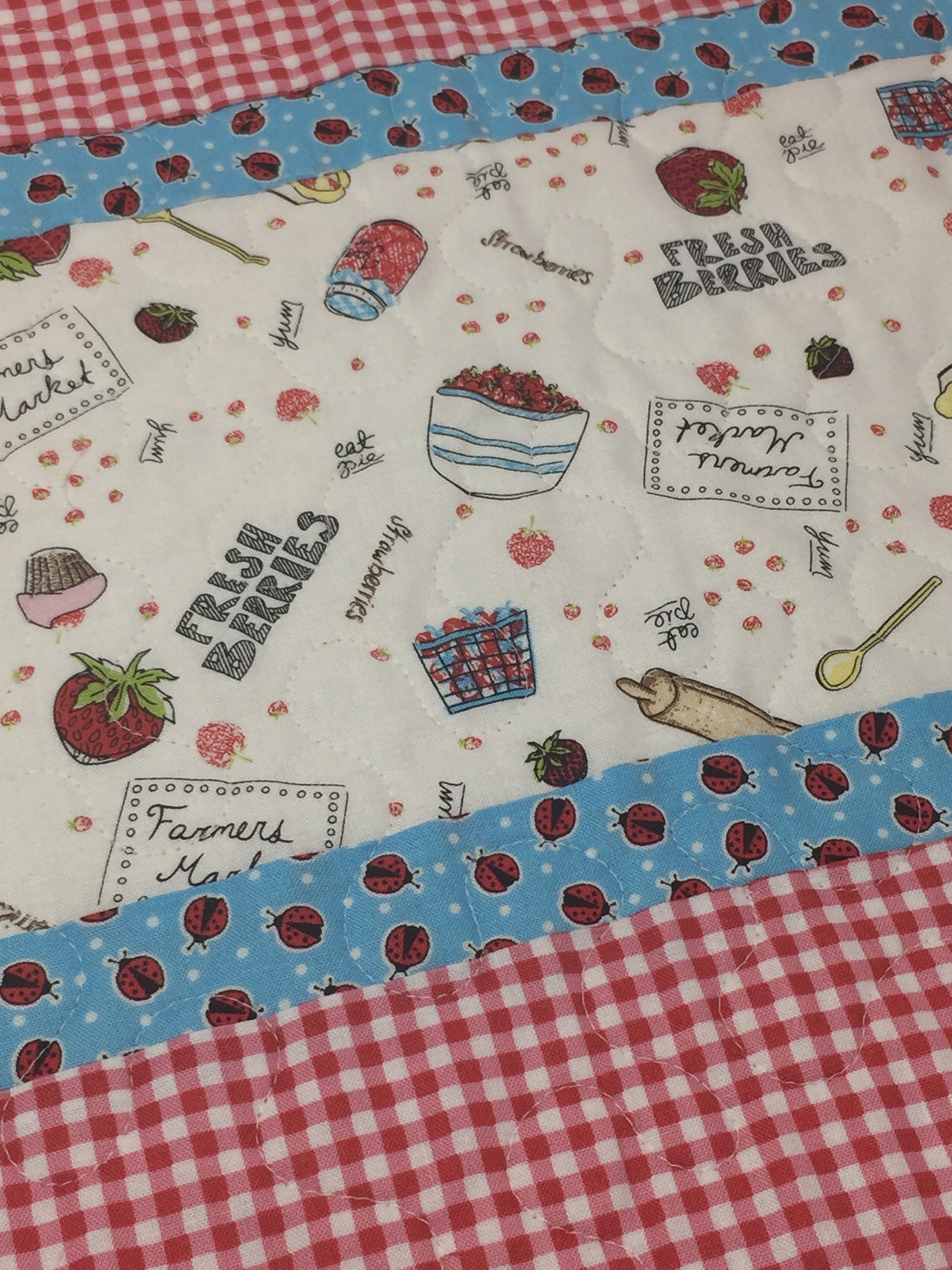 Summer Picnic Table Runner Quilt, Red, Blue, Lady Bugs, Strawberries, Handmade Table Runner Quilt