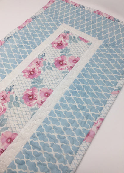 Table Runner Quilt, Shabby Chic, Blue, Trellis, Pink, Floral, White, Handmade Table Runner Quilt