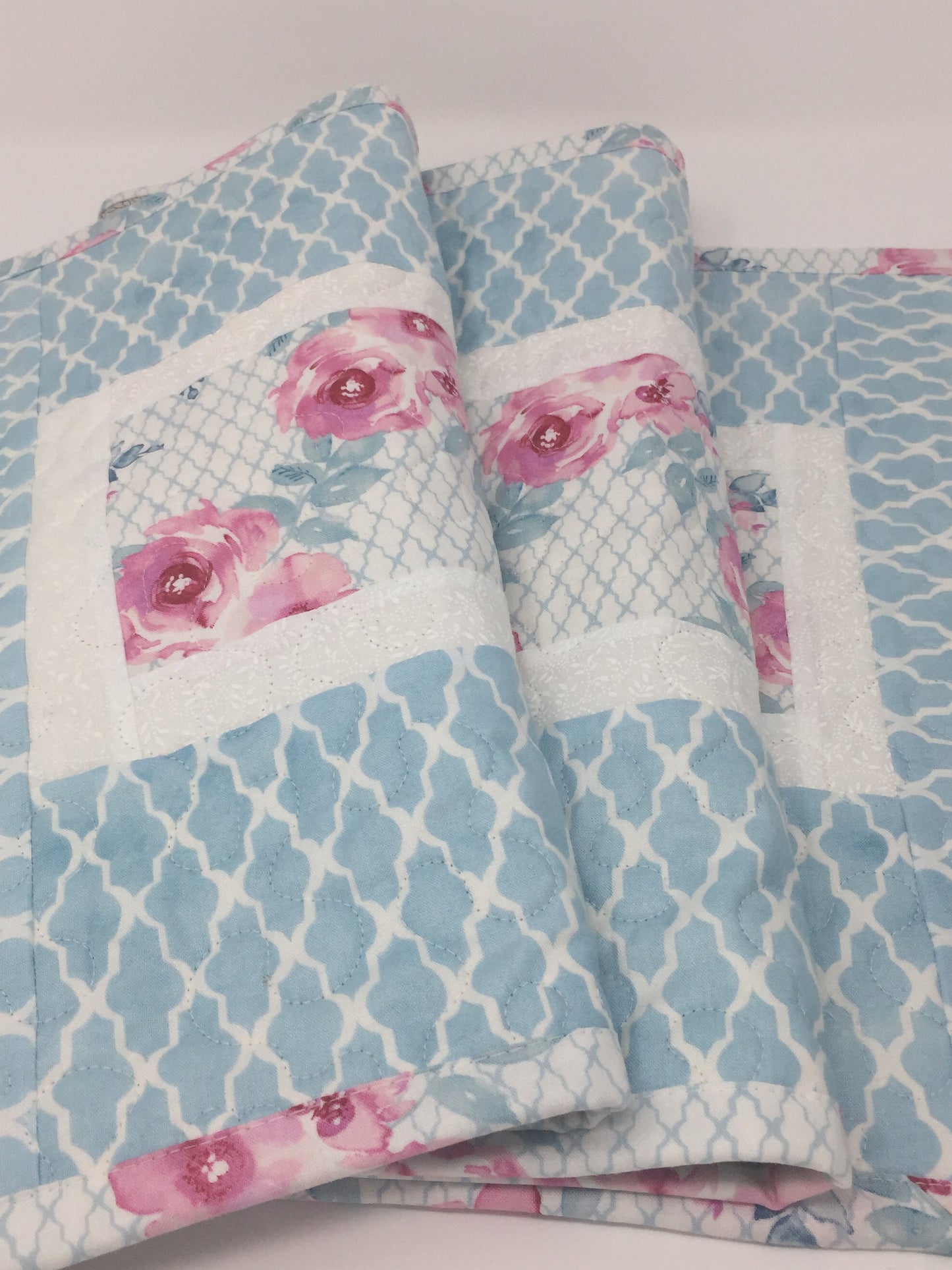 Table Runner Quilt, Shabby Chic, Blue, Trellis, Pink, Floral, White, Handmade Table Runner Quilt