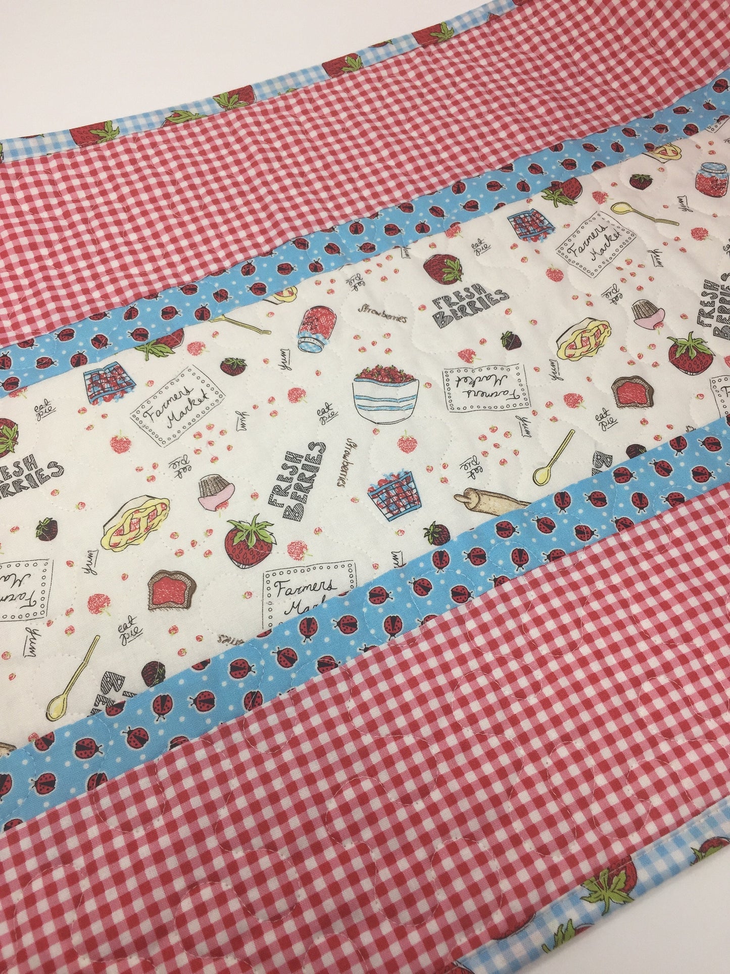 Summer Picnic Table Runner Quilt, Red, Blue, Lady Bugs, Strawberries, Handmade Table Runner Quilt