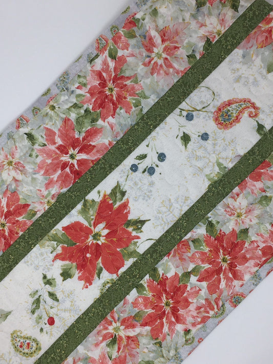 Christmas Winter Table Runner Quilt, White, Red, Pink, Green, Poinsettia, Handmade