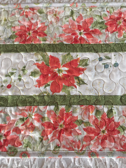 Christmas Winter Table Runner Quilt, White, Red, Pink, Green, Poinsettia, Handmade