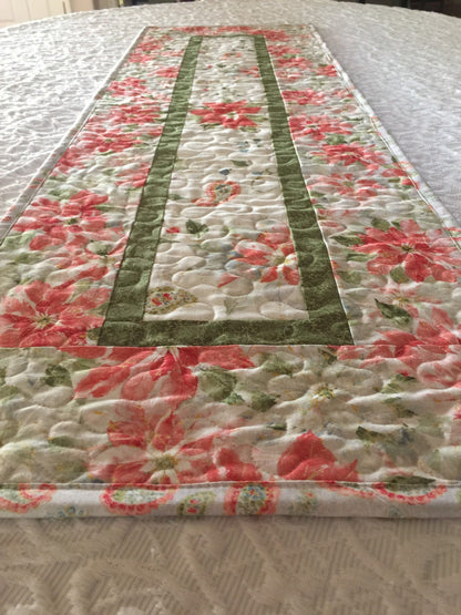 Christmas Winter Table Runner Quilt, White, Red, Pink, Green, Poinsettia, Handmade