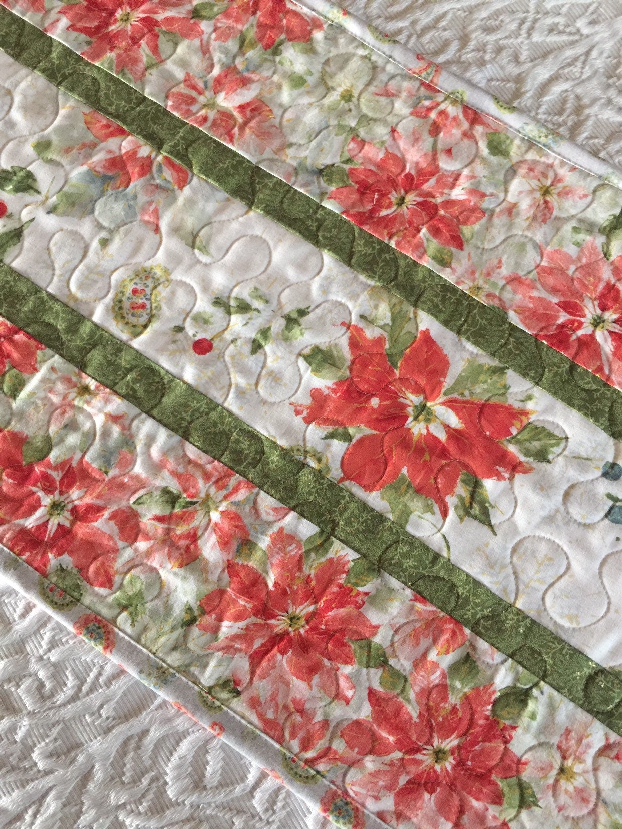 Christmas Winter Table Runner Quilt, White, Red, Pink, Green, Poinsettia, Handmade