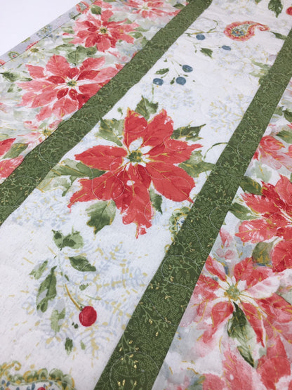 Christmas Winter Table Runner Quilt, White, Red, Pink, Green, Poinsettia, Handmade