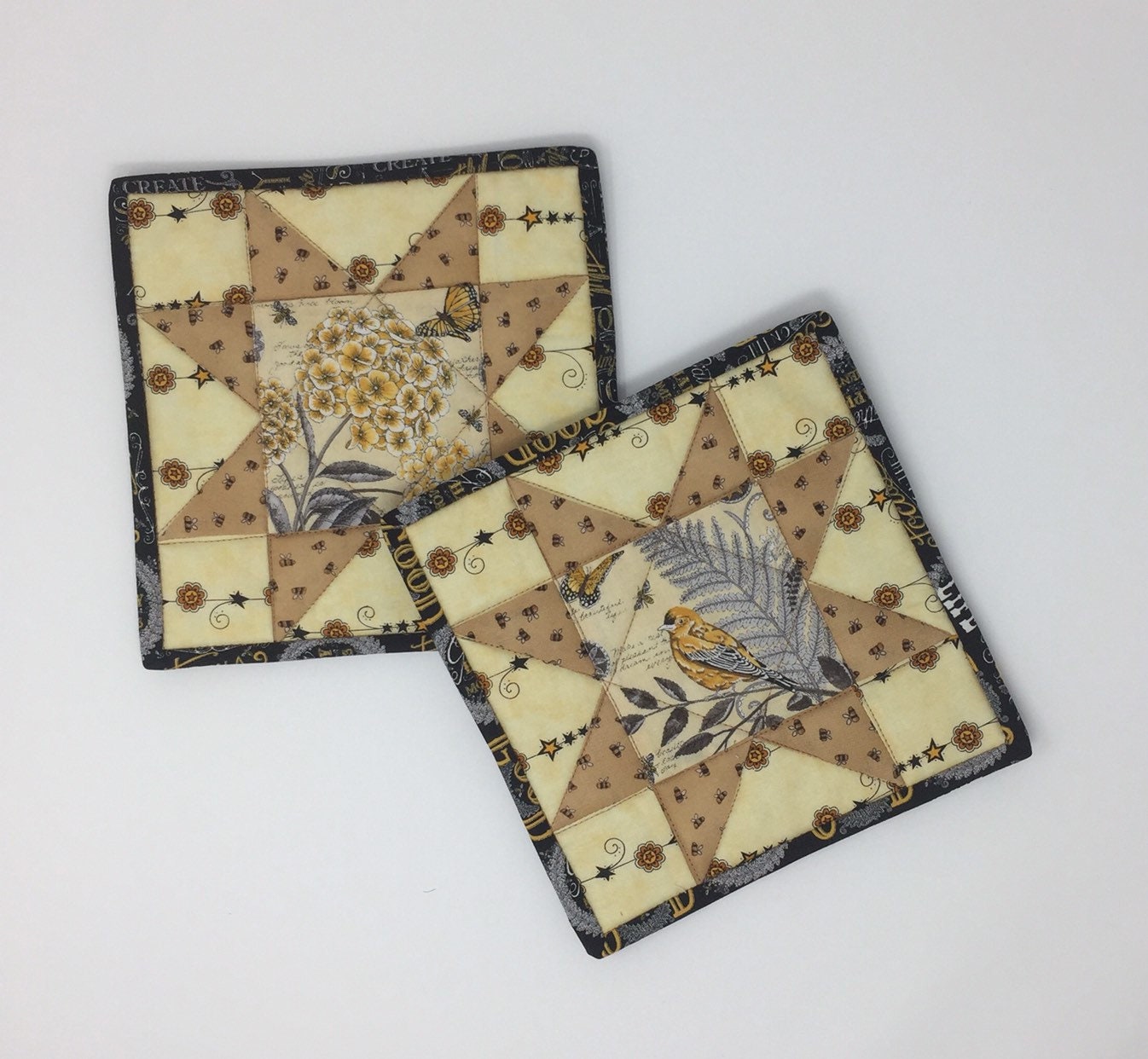 Pot Holders, Mug Rugs, Trivets, Hot Pads, Set of 2, Mini Quilts, Yellow, Black, Bird, Garden, Sawtooth, Star, Handmade