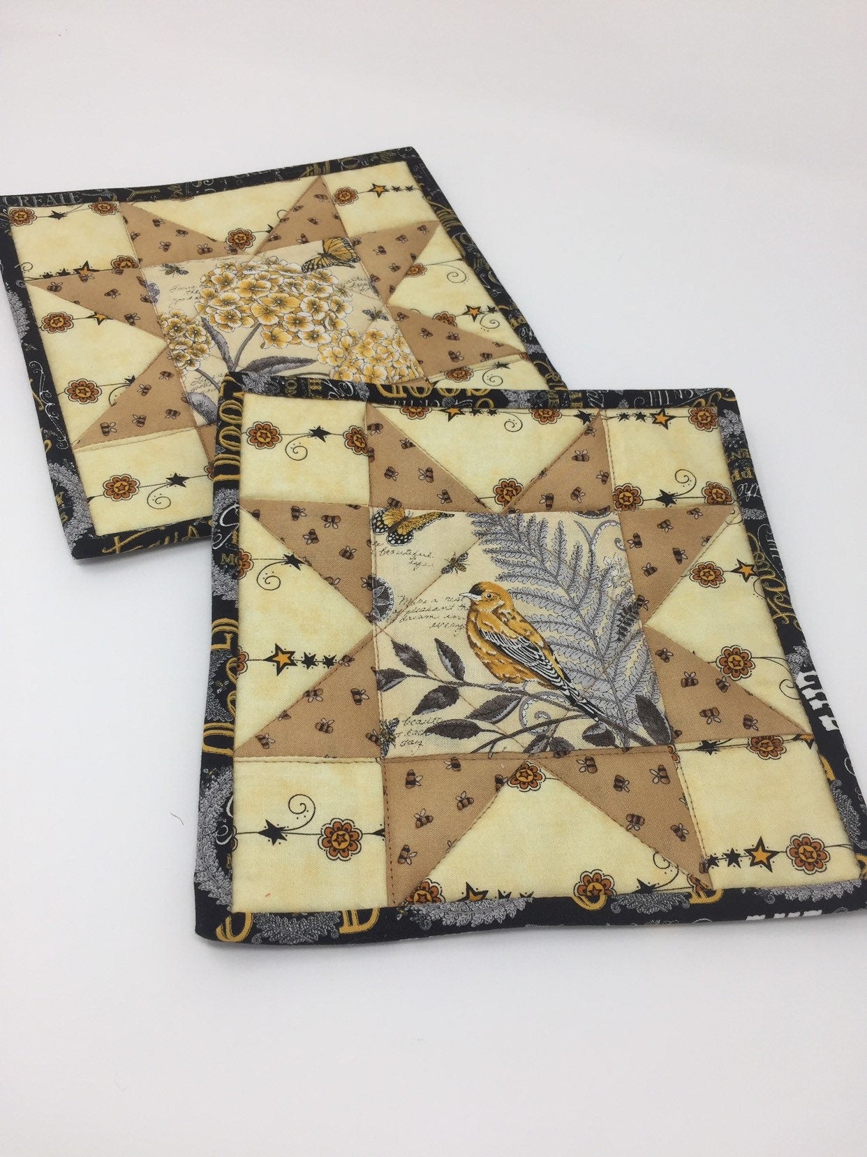 Pot Holders, Mug Rugs, Trivets, Hot Pads, Set of 2, Mini Quilts, Yellow, Black, Bird, Garden, Sawtooth, Star, Handmade