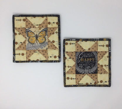 Pot Holders, Mug Rugs, Trivets, Hot Pads, Set of 2, Mini Quilts, Yellow, Black, Butterfly, Sawtooth, Star, Handmade