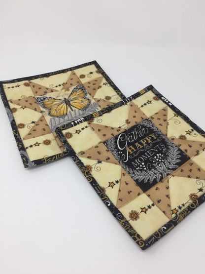 Pot Holders, Mug Rugs, Trivets, Hot Pads, Set of 2, Mini Quilts, Yellow, Black, Butterfly, Sawtooth, Star, Handmade