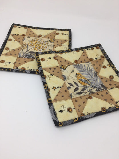 Pot Holders, Mug Rugs, Trivets, Hot Pads, Set of 2, Mini Quilts, Yellow, Black, Bird, Garden, Sawtooth, Star, Handmade