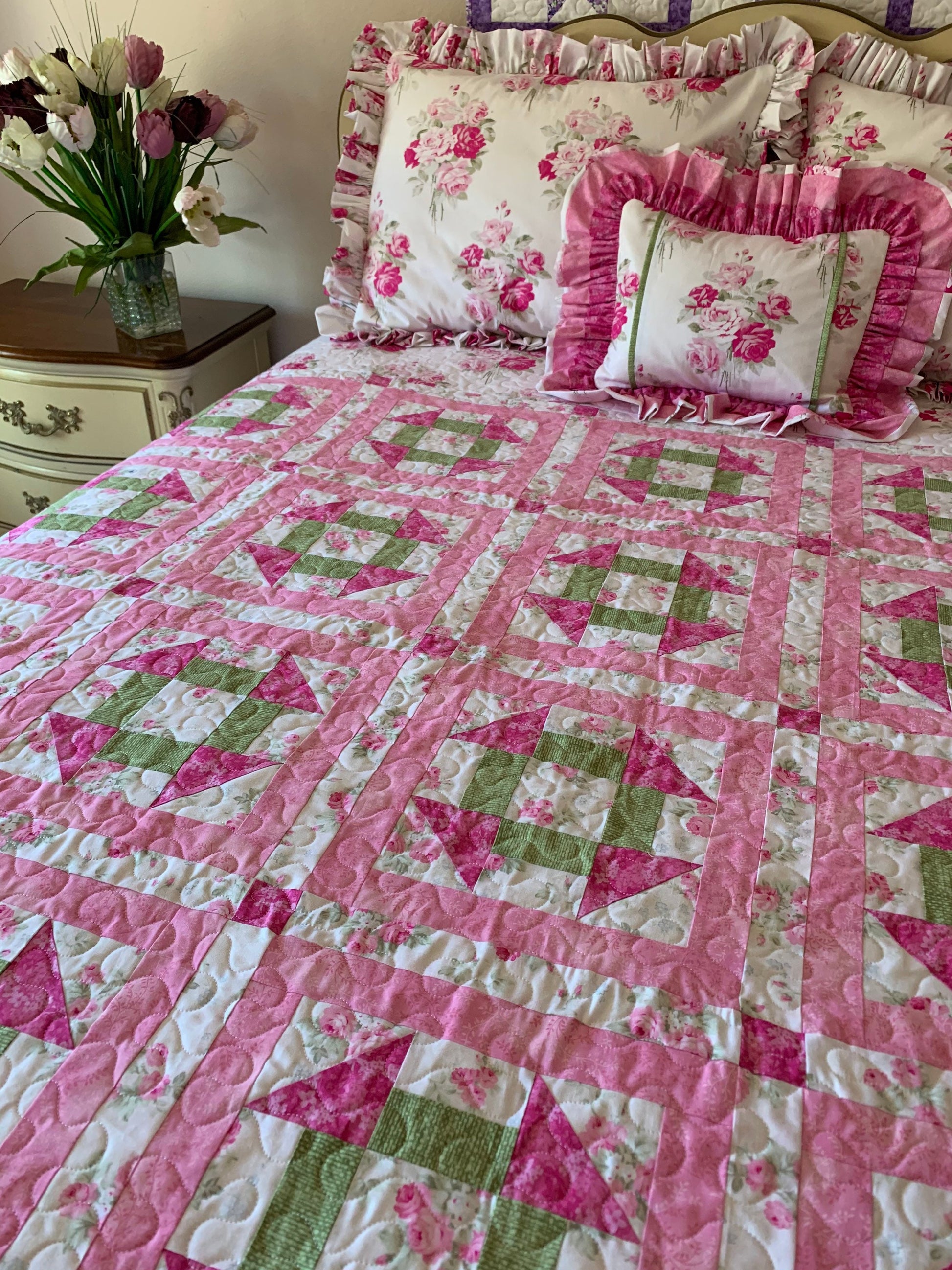 Queen Quilt, Shabby Chic, Rose, Pillow Sham Set, Pink, Handmade