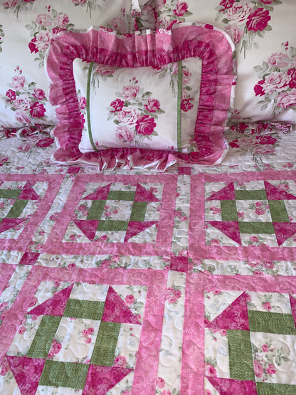 Queen Quilt, Shabby Chic, Rose, Pillow Sham Set, Pink, Handmade