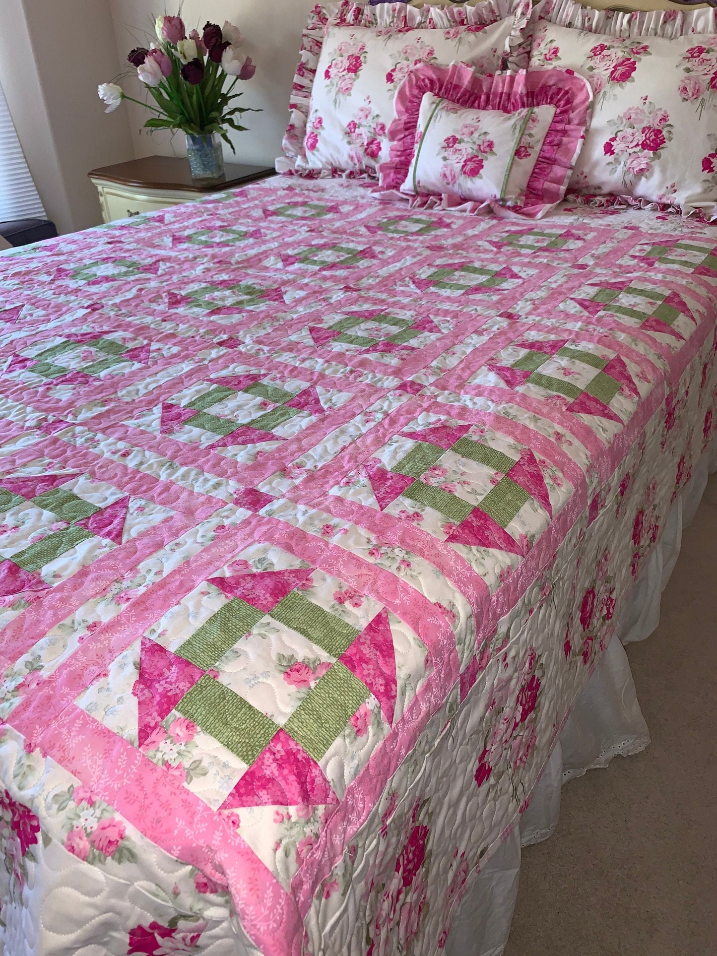 Queen Quilt, Shabby Chic, Rose, Pillow Sham Set, Pink, Handmade