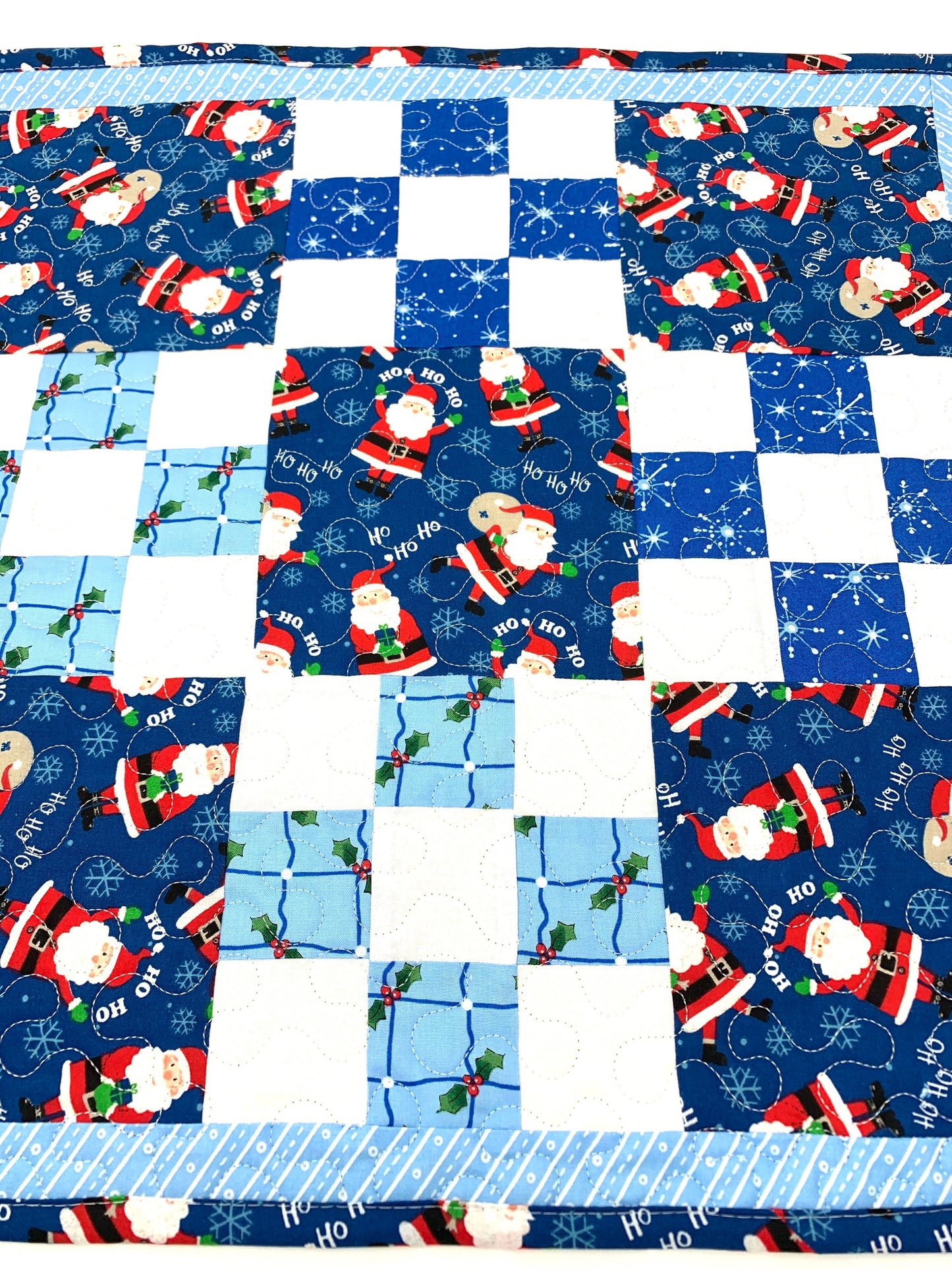 Christmas Table Topper Quilt, Santa Claus, Blue, Green, White, Handmade