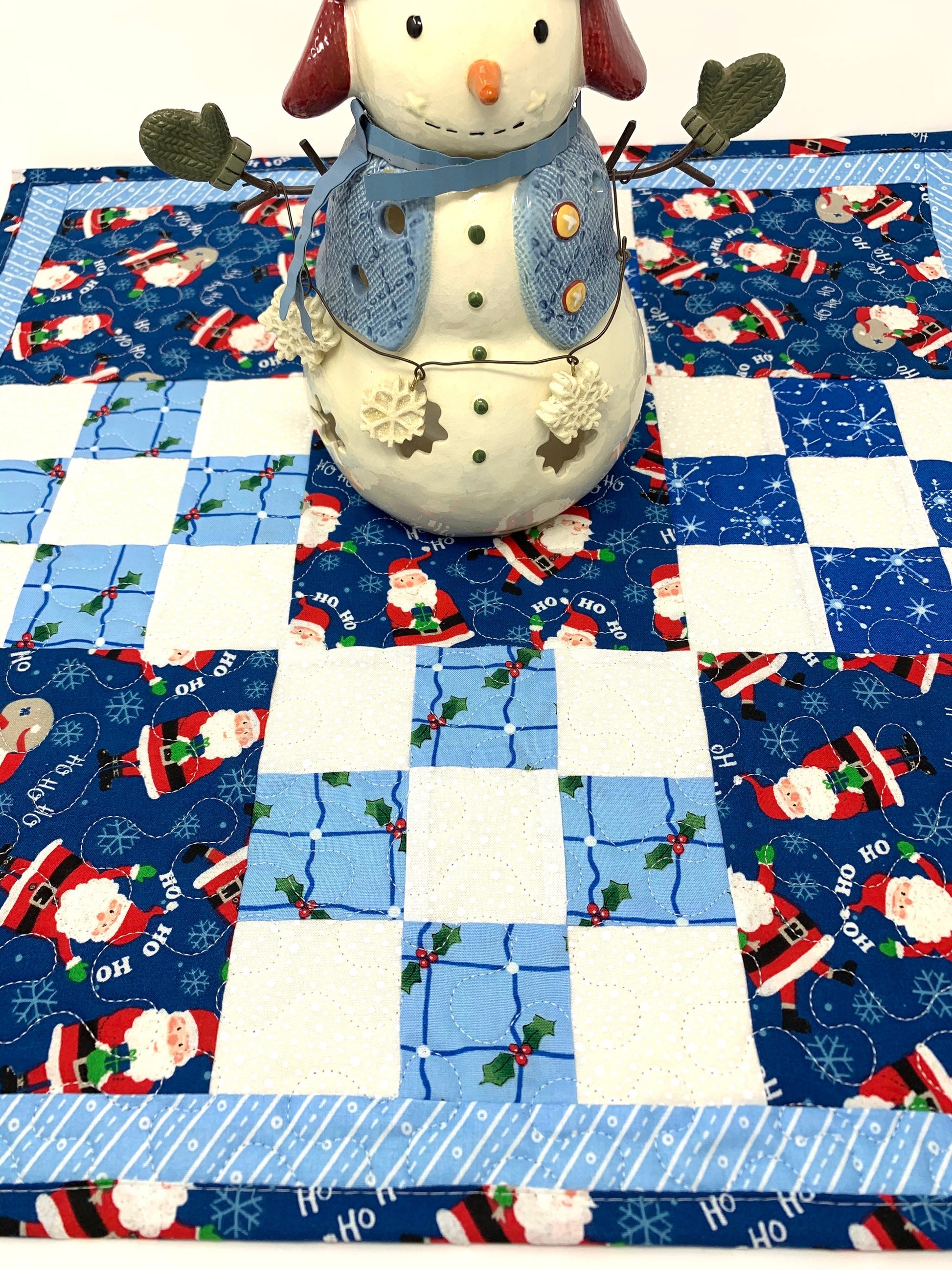 Christmas Table Topper Quilt, Santa Claus, Blue, Green, White, Handmade