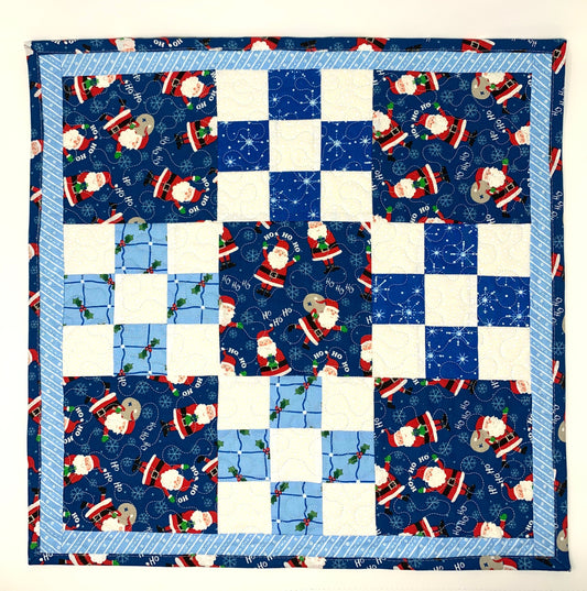 Christmas Table Topper Quilt, Santa Claus, Blue, Green, White, Handmade