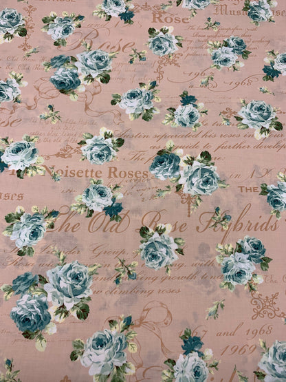 Ruru Bouquet Sweet Rose 1, Dusty Pink, Blue, Quilt Gate, Yardage, Roses