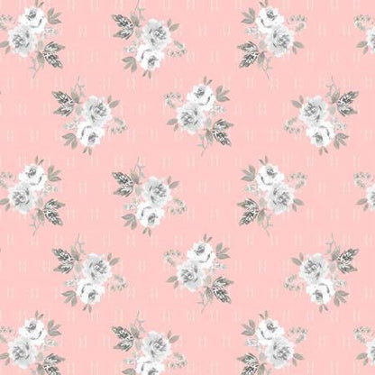 Colette - Petal Small Rose Bouquet, Whistler Studios, Pink, White, Gray, Floral, Cotton Yardage