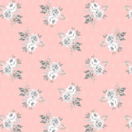 Colette - Petal Small Rose Bouquet, Whistler Studios, Pink, White, Gray, Floral, Cotton Yardage