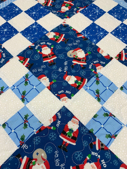 Christmas Table Topper Quilt, Santa Claus, Blue, Green, White, Handmade