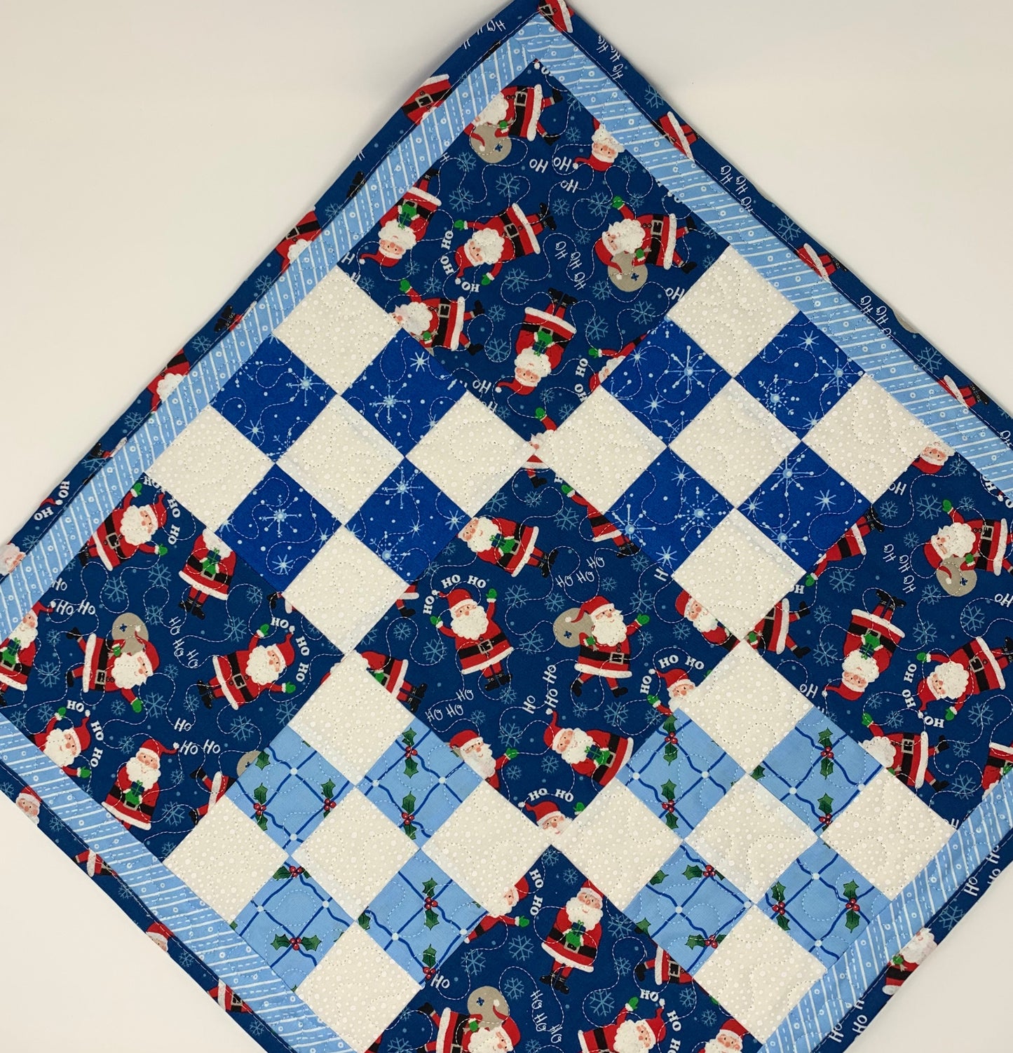 Christmas Table Topper Quilt, Santa Claus, Blue, Green, White, Handmade