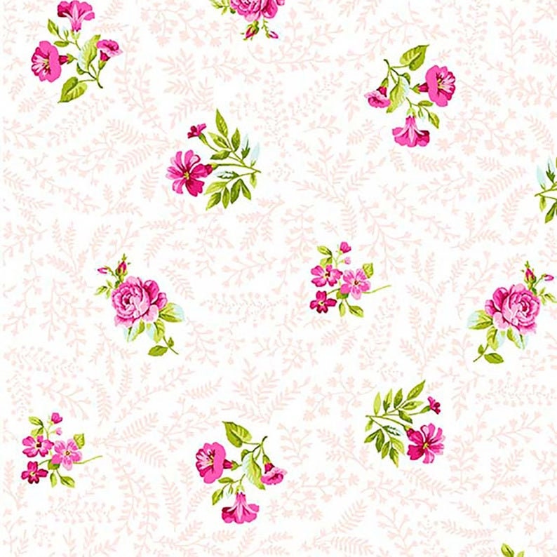 Garden Gate - Pink, Flowers, P&B Textiles, Green, White, Cotton Fabric Yardage