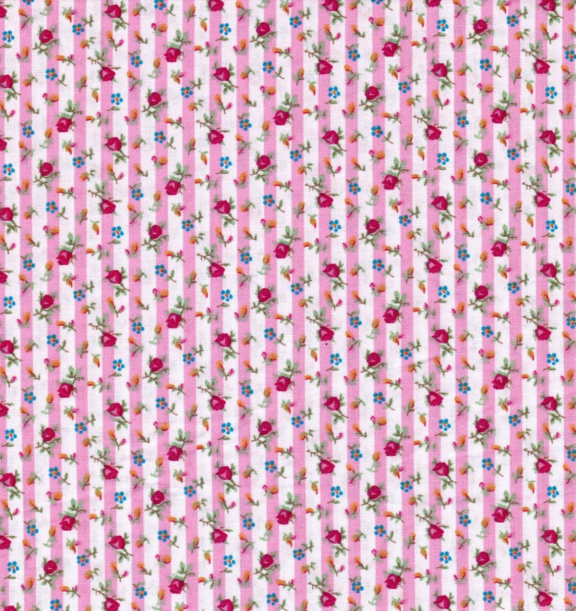 Rose Pink Floral Stripe, White, Blue,  David Textiles, Cotton Fabric Yardage