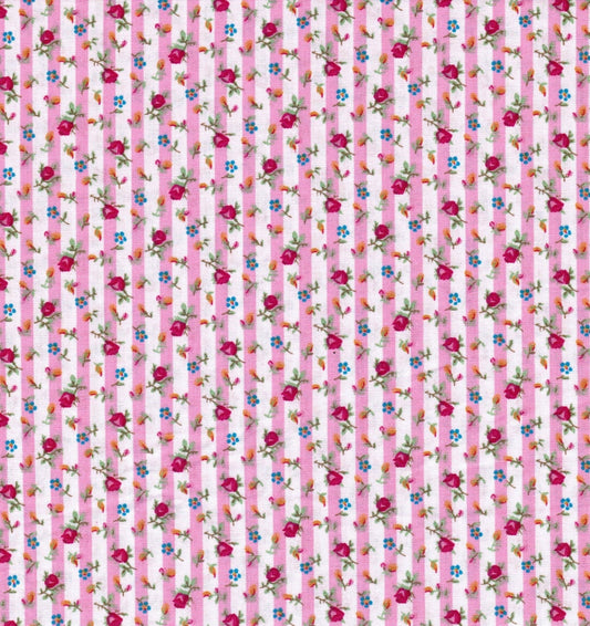 Rose Pink Floral Stripe, White, Blue,  David Textiles, Cotton Fabric Yardage